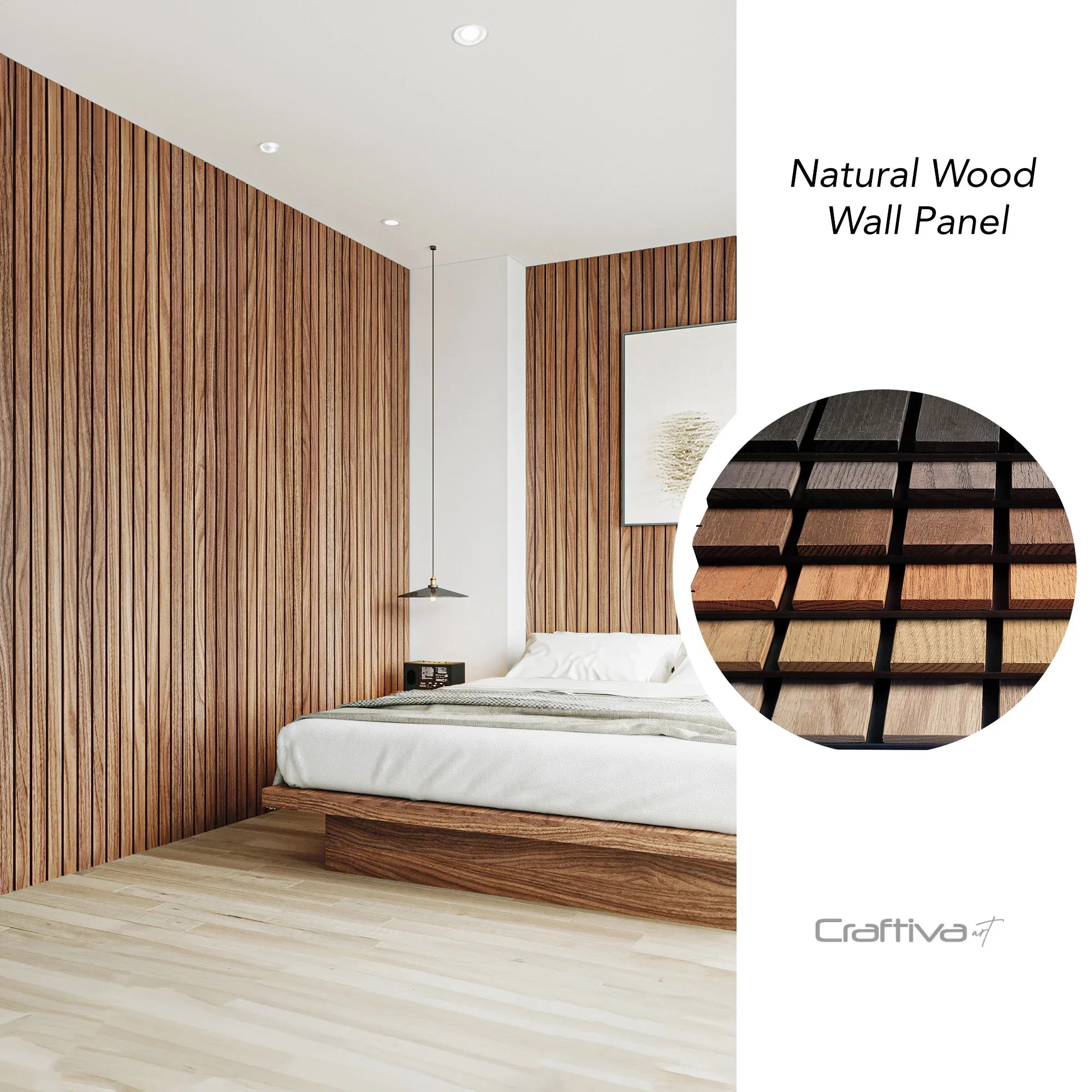 Modern bedroom with natural wood wall paneling and Craftiva logo.